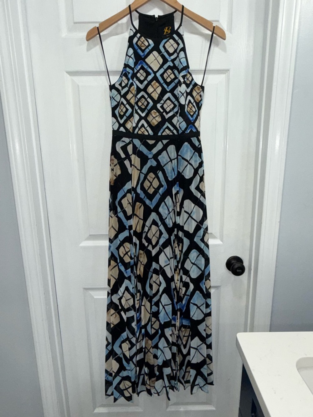 Anthropologie Black, Light Blue, Cream Geometric Maxi Dress